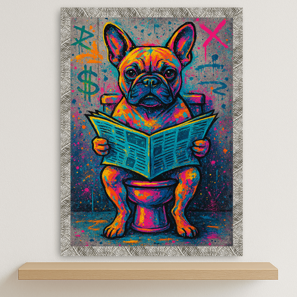 Bulldog Francese Street Art stampato su forex, cornice argento, disponibile in 30x40, 40x50 e 50x70 cm