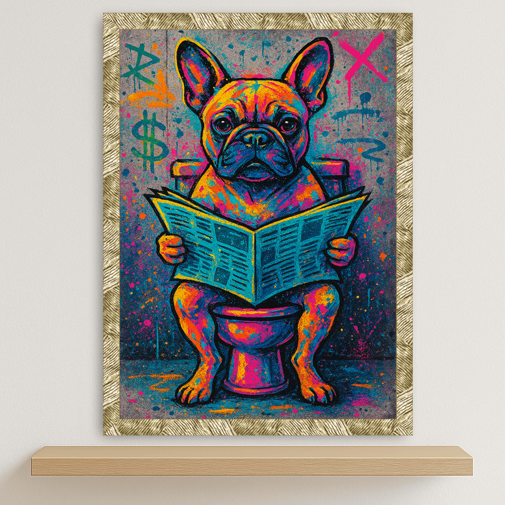 Bulldog Francese Street Art stampato su forex, cornice oro, disponibile in 30x40, 40x50 e 50x70 cm