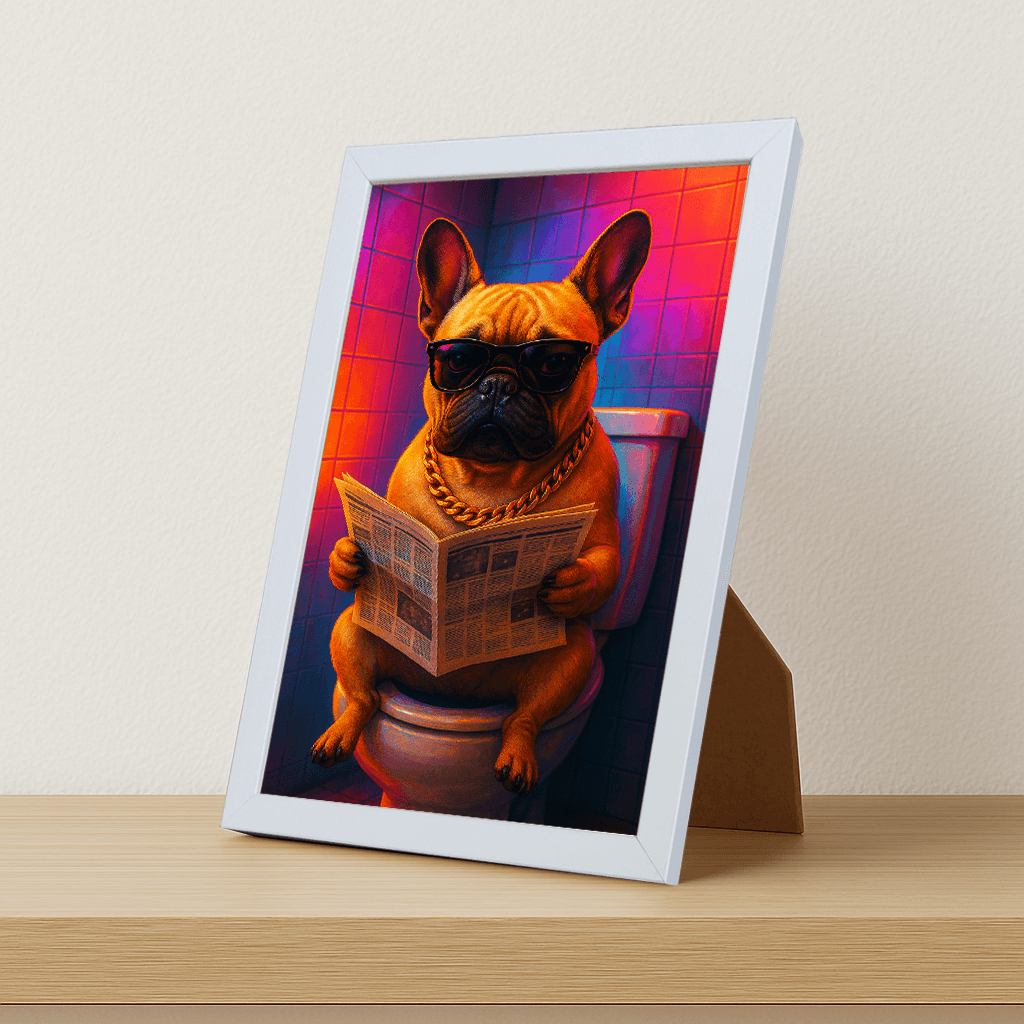 Bulldog Francese Miami stampato su forex, cornice portafoto bianco, misura 21x29.7