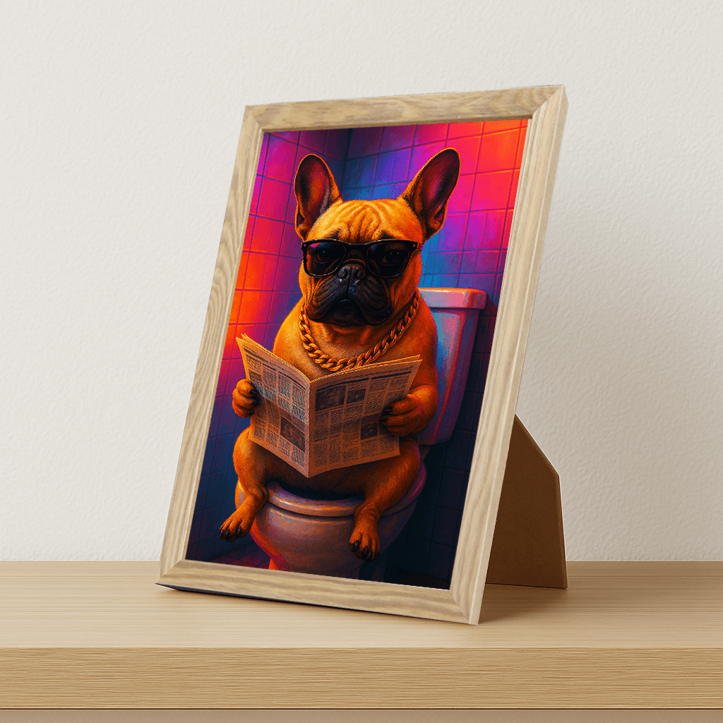 Bulldog Francese Miami stampato su forex, cornice portafoto legno, misura 21x29.7