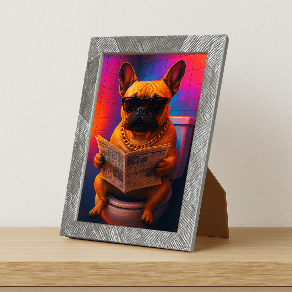 Bulldog Francese Miami stampato su forex, cornice portafoto argento, misura 21x29.7