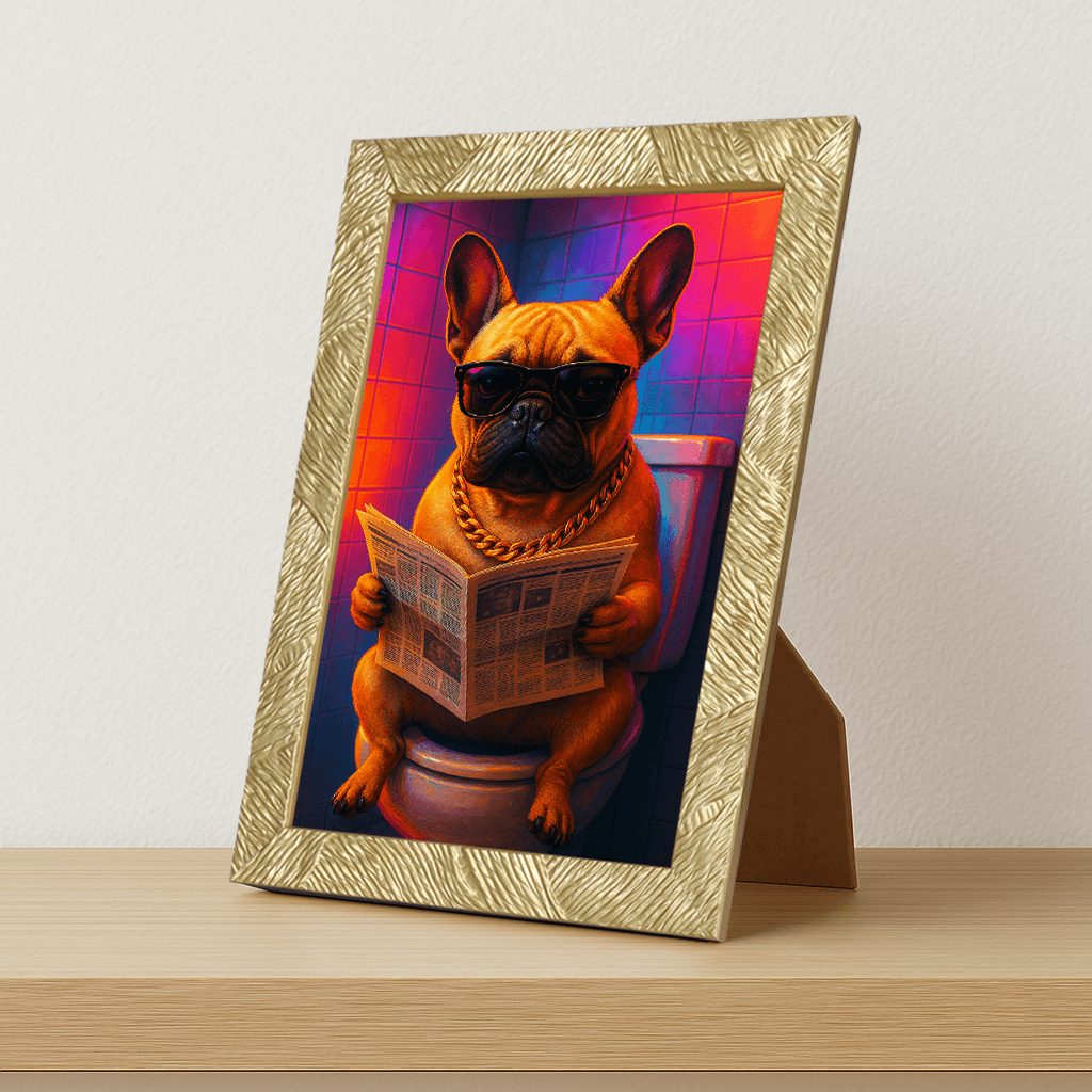 Bulldog Francese Miami stampato su forex, cornice portafoto oro, misura 21x29.7