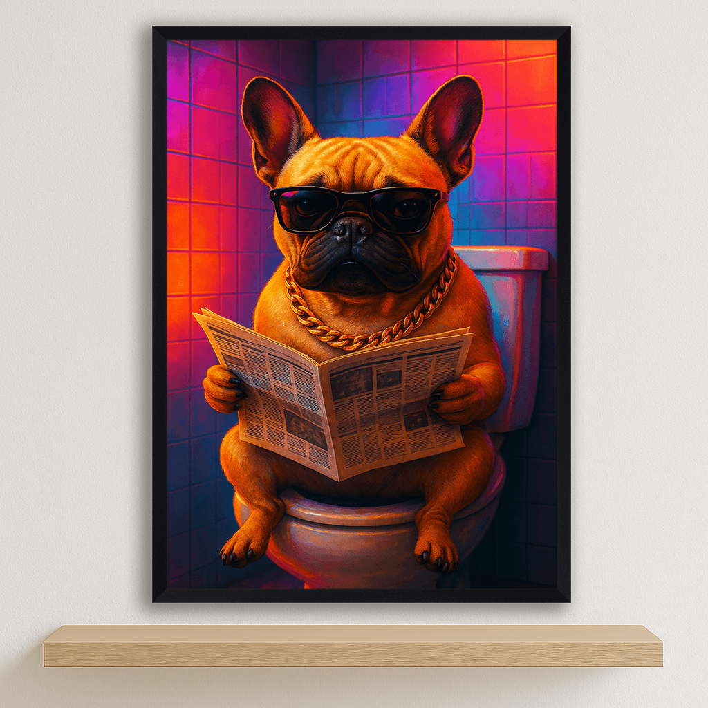 Bulldog Francese Miami stampato su forex, cornice nero, disponibile in 30x40, 40x50 e 50x70 cm