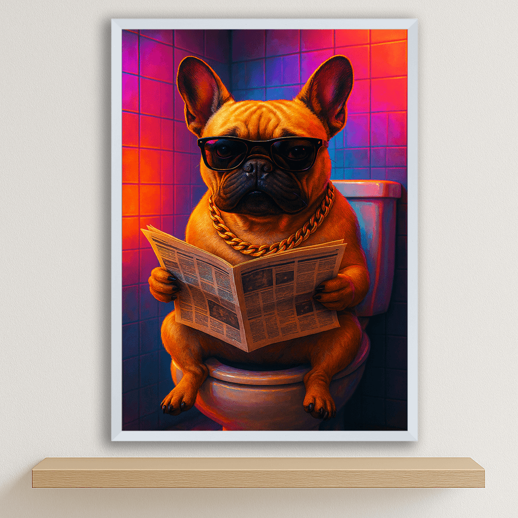 Bulldog Francese Miami stampato su forex, cornice bianco, disponibile in 30x40, 40x50 e 50x70 cm