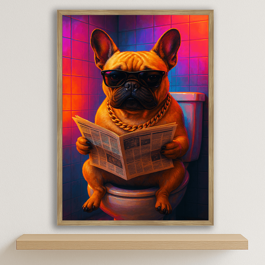 Bulldog Francese Miami stampato su forex, cornice legno, disponibile in 30x40, 40x50 e 50x70 cm