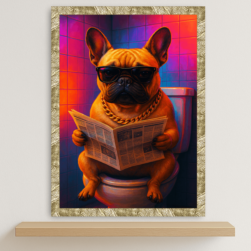 Bulldog Francese Miami stampato su forex, cornice oro, disponibile in 30x40, 40x50 e 50x70 cm