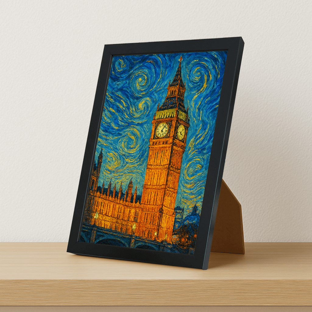 Big Ben stile Gogh stampato su forex, cornice portafoto nero, misura 21x29.7