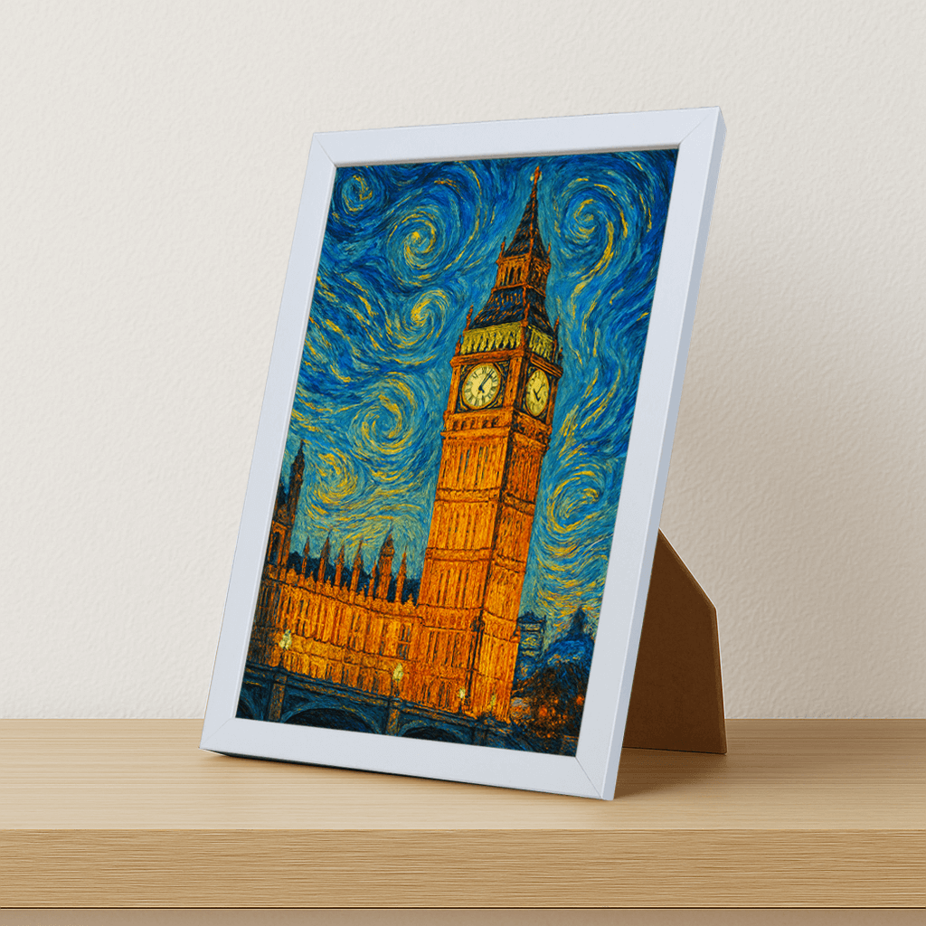 Big Ben stile Gogh stampato su forex, cornice portafoto bianco, misura 21x29.7