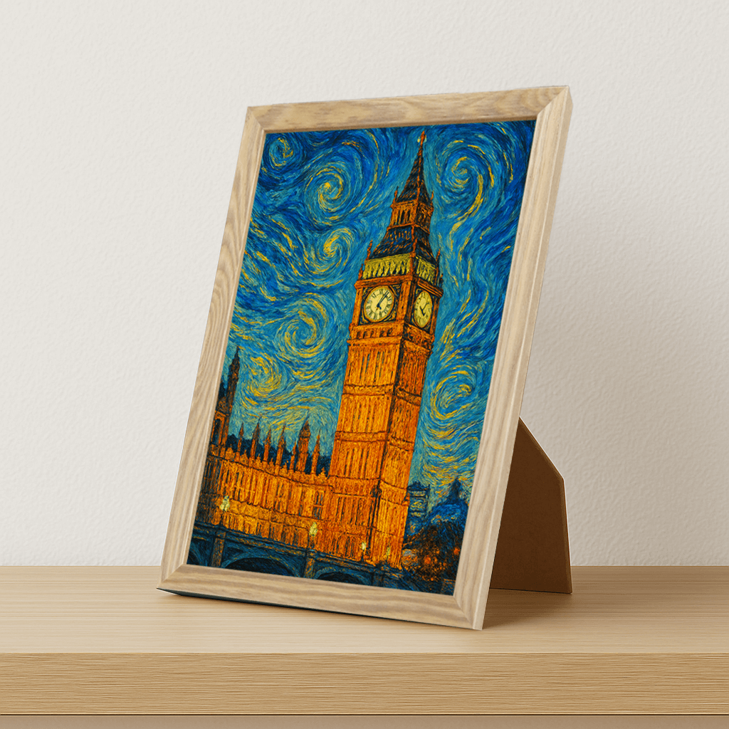 Big Ben stile Gogh stampato su forex, cornice portafoto legno, misura 21x29.7