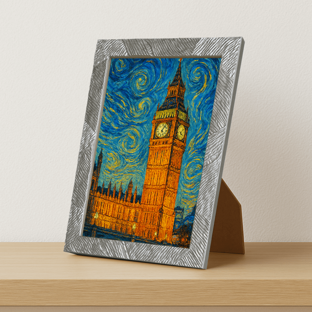 Big Ben stile Gogh stampato su forex, cornice portafoto argento, misura 21x29.7