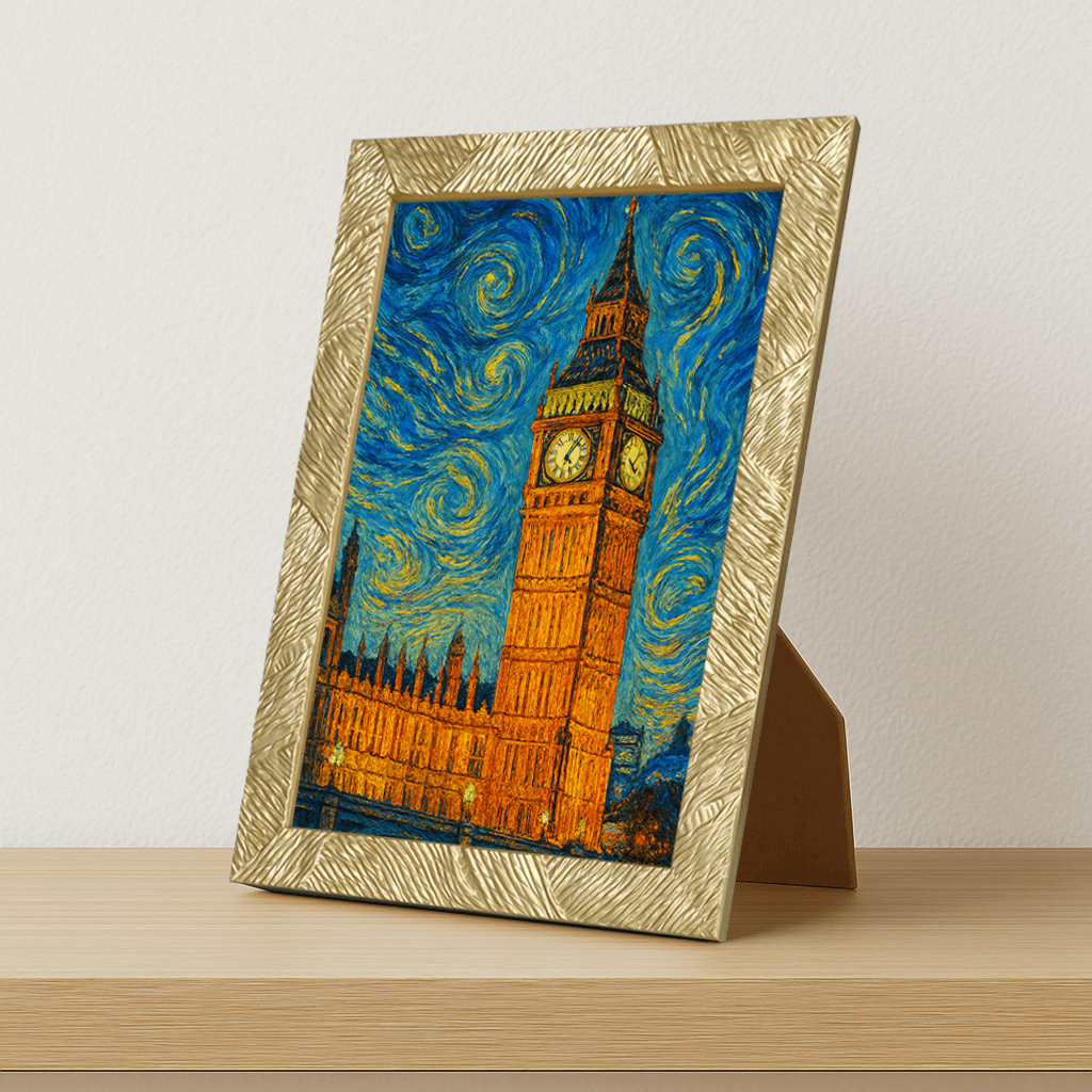 Big Ben stile Gogh stampato su forex, cornice portafoto oro, misura 21x29.7