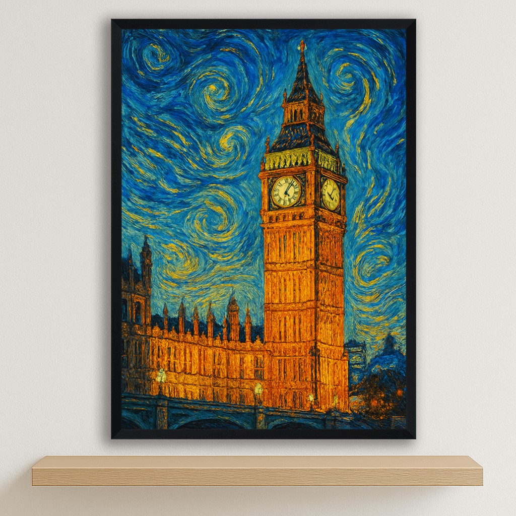 Big Ben stile Gogh stampato su forex, cornice nero, disponibile in 30x40, 40x50 e 50x70 cm