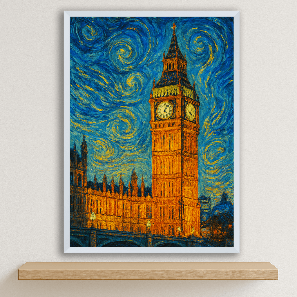 Big Ben stile Gogh stampato su forex, cornice bianco, disponibile in 30x40, 40x50 e 50x70 cm