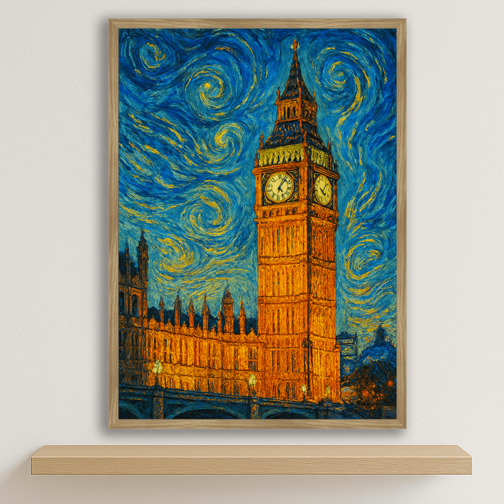 Big Ben stile Gogh stampato su forex, cornice legno, disponibile in 30x40, 40x50 e 50x70 cm