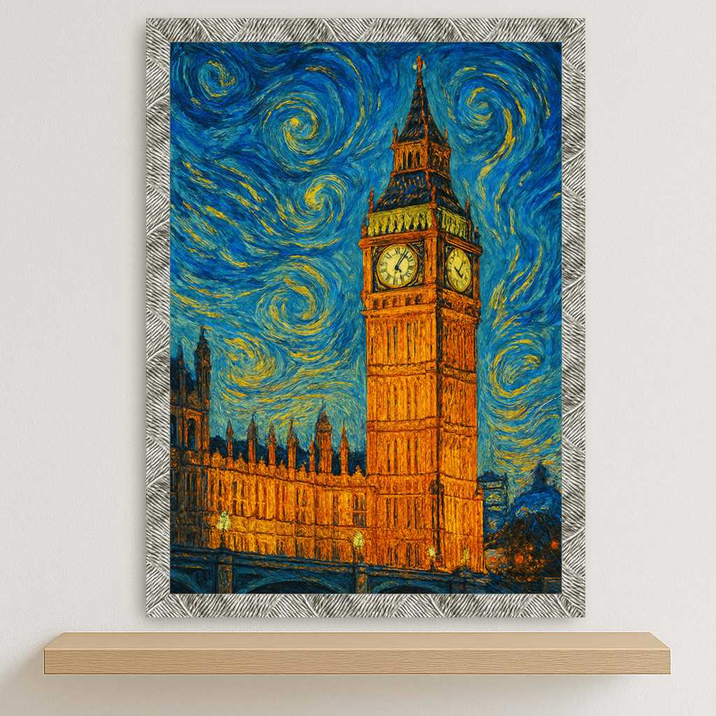 Big Ben stile Gogh stampato su forex, cornice argento, disponibile in 30x40, 40x50 e 50x70 cm
