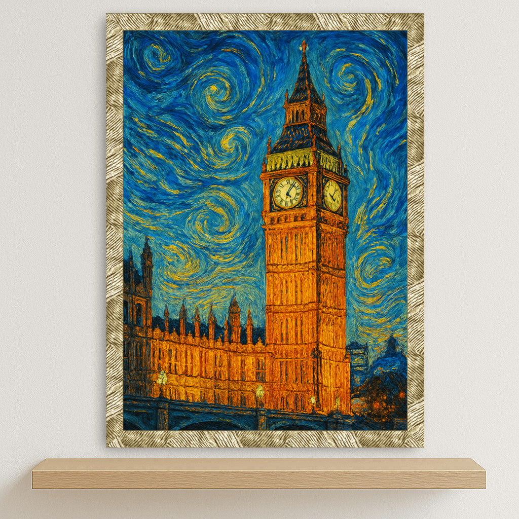 Big Ben stile Gogh stampato su forex, cornice oro, disponibile in 30x40, 40x50 e 50x70 cm