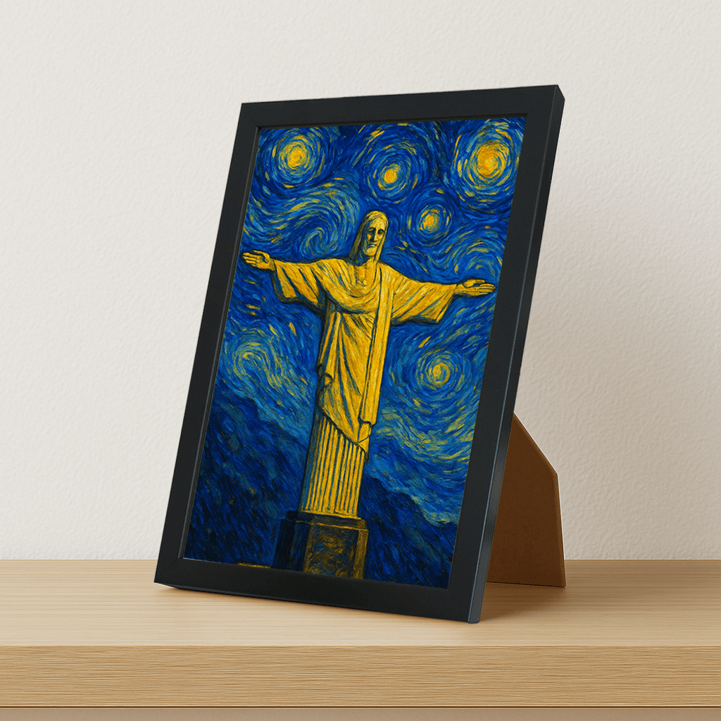 Cristo Redentore stile Gogh stampato su forex, cornice portafoto nero, misura 21x29.7