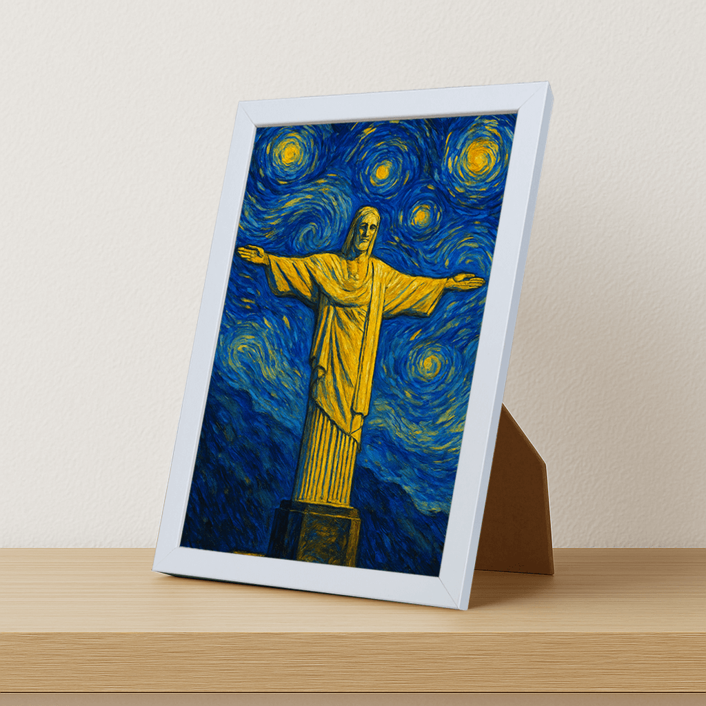 Cristo Redentore stile Gogh stampato su forex, cornice portafoto bianco, misura 21x29.7