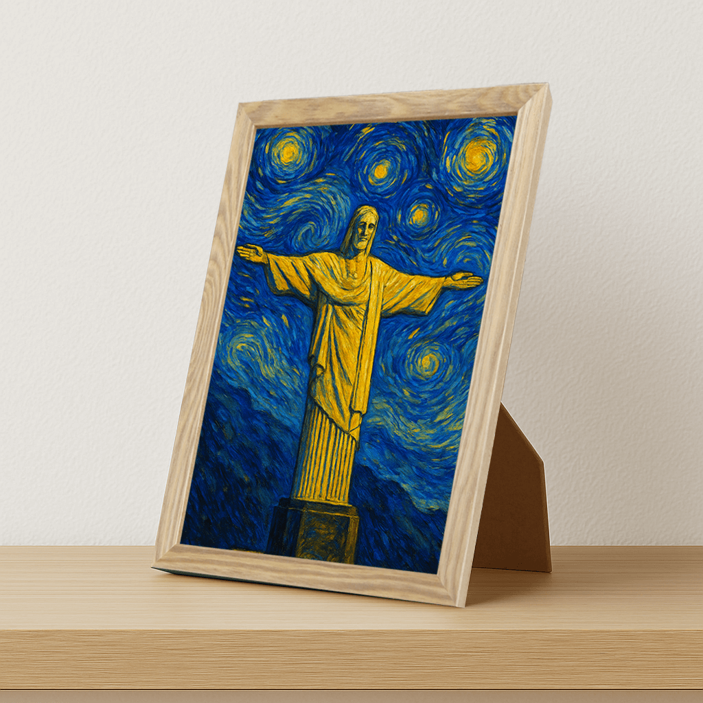 Cristo Redentore stile Gogh stampato su forex, cornice portafoto legno, misura 21x29.7