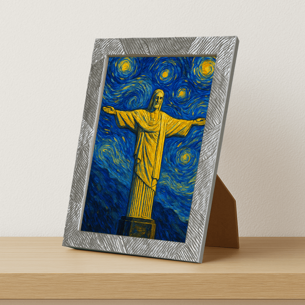 Cristo Redentore stile Gogh stampato su forex, cornice portafoto argento, misura 21x29.7
