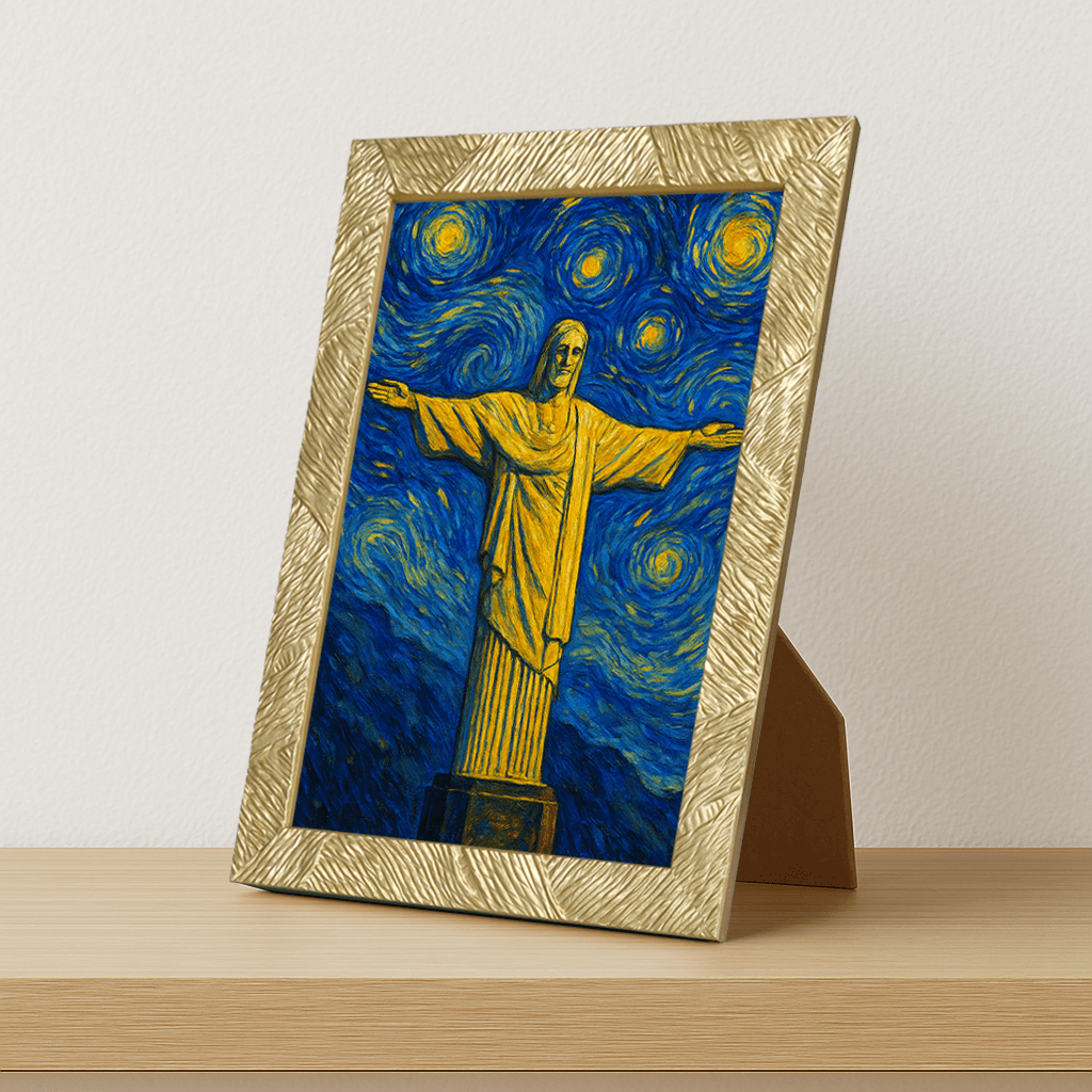 Cristo Redentore stile Gogh stampato su forex, cornice portafoto oro, misura 21x29.7