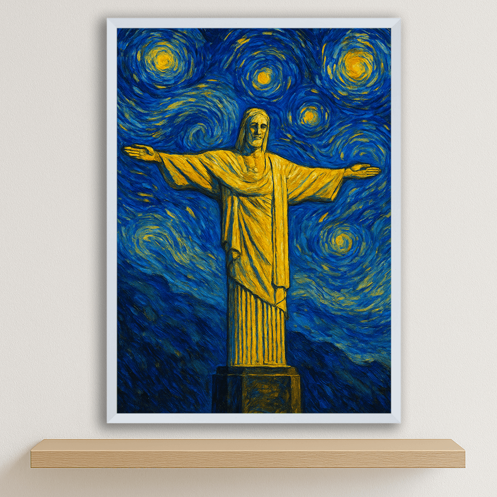 Cristo Redentore stile Gogh stampato su forex, cornice bianco, disponibile in 30x40, 40x50 e 50x70 cm
