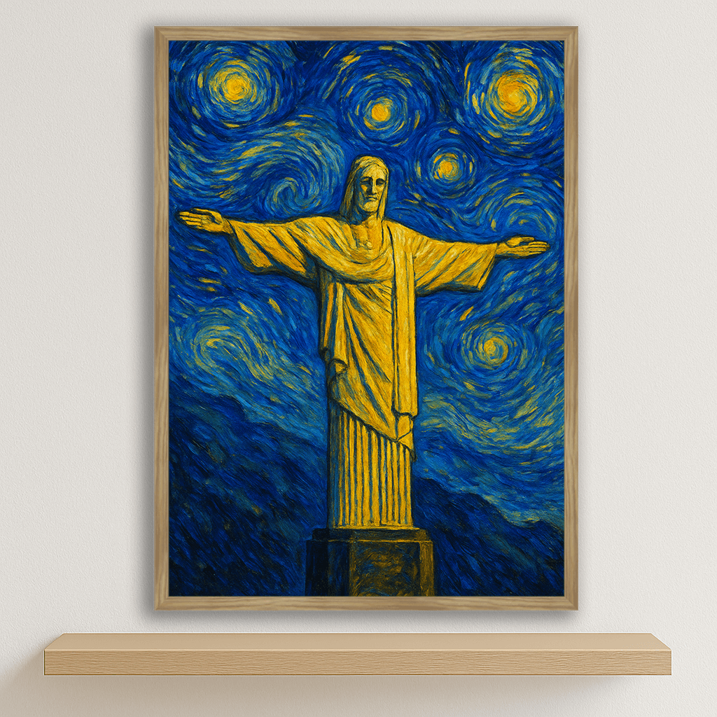 Cristo Redentore stile Gogh stampato su forex, cornice legno, disponibile in 30x40, 40x50 e 50x70 cm