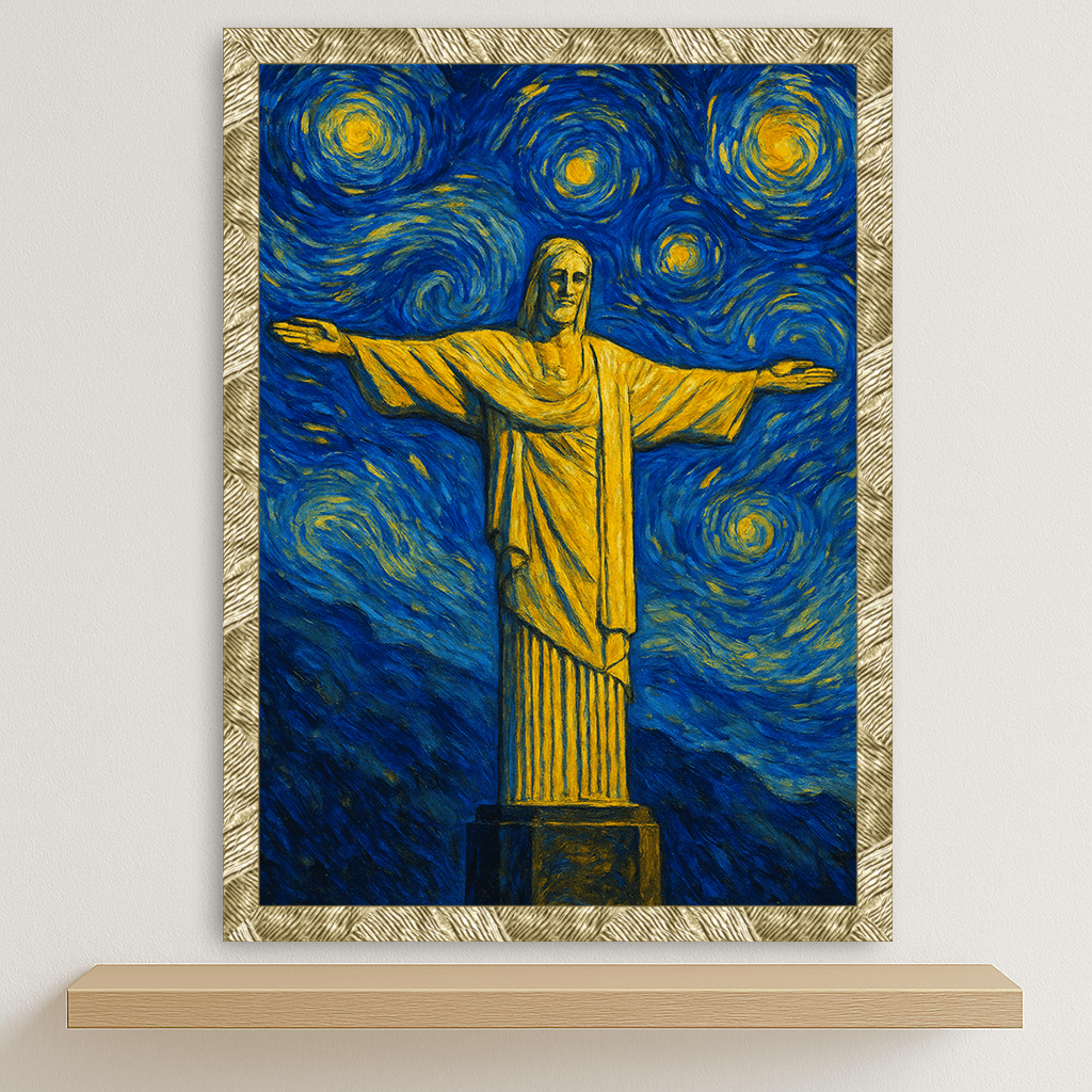 Cristo Redentore stile Gogh stampato su forex, cornice oro, disponibile in 30x40, 40x50 e 50x70 cm