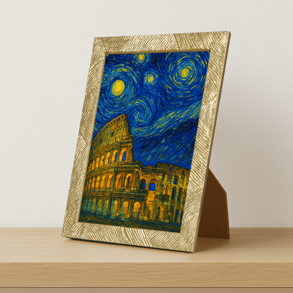Colosseo di Roma stile Gogh stampato su forex, cornice portafoto oro, misura 21x29.7