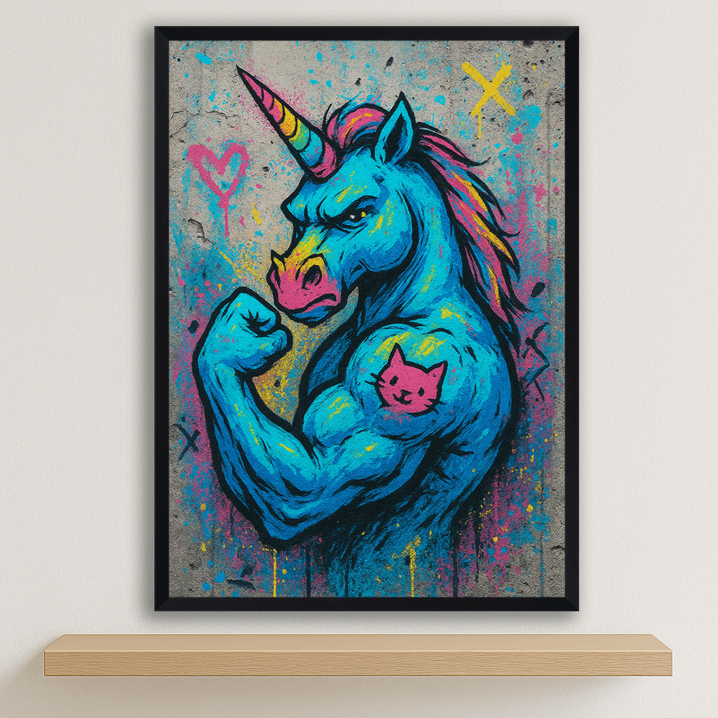Unicorno Tatuato stampato su forex, cornice nero, disponibile in 30x40, 40x50 e 50x70 cm