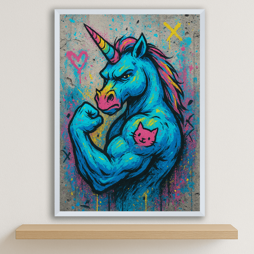 Unicorno Tatuato stampato su forex, cornice bianco, disponibile in 30x40, 40x50 e 50x70 cm