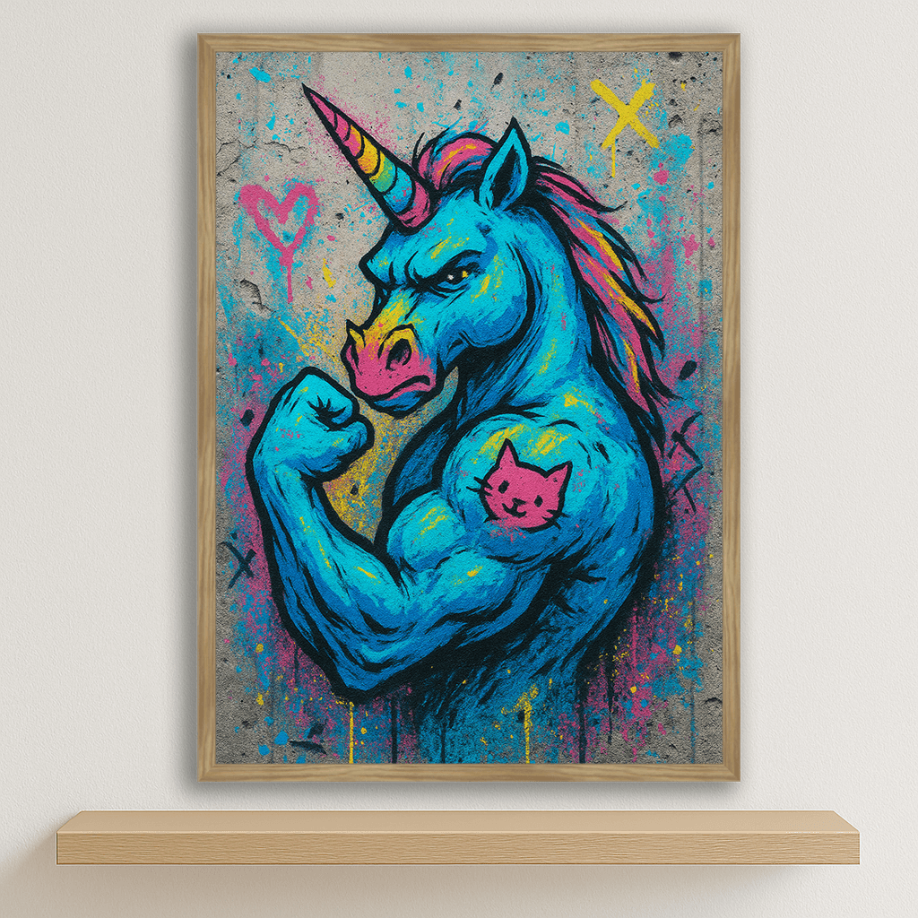 Unicorno Tatuato stampato su forex, cornice legno, disponibile in 30x40, 40x50 e 50x70 cm