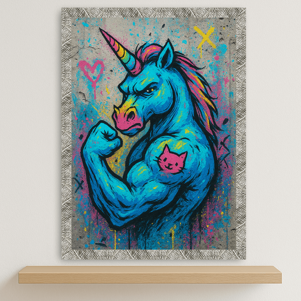 Unicorno Tatuato stampato su forex, cornice argento, disponibile in 30x40, 40x50 e 50x70 cm