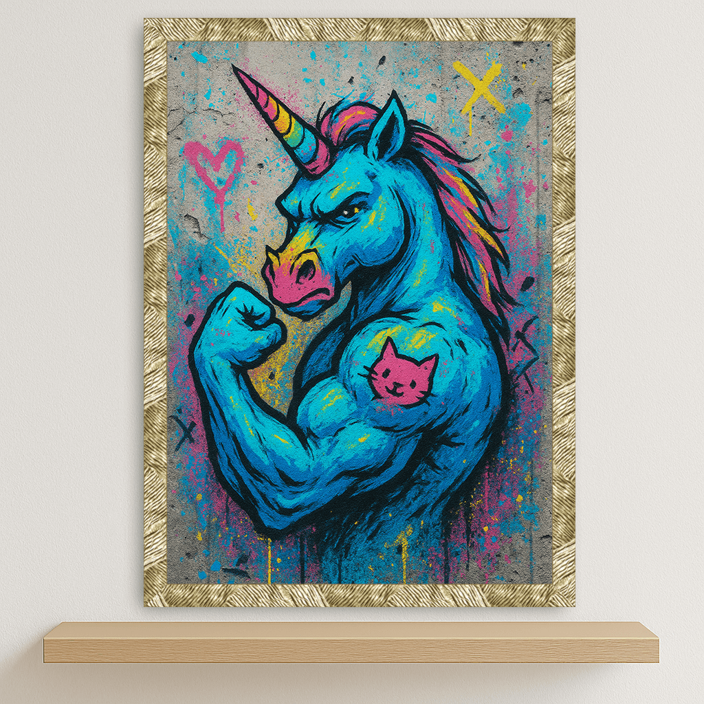 Unicorno Tatuato stampato su forex, cornice oro, disponibile in 30x40, 40x50 e 50x70 cm