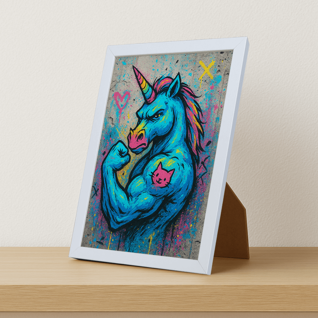Unicorno Tatuato stampato su forex, cornice portafoto bianco, misura 21x29.7