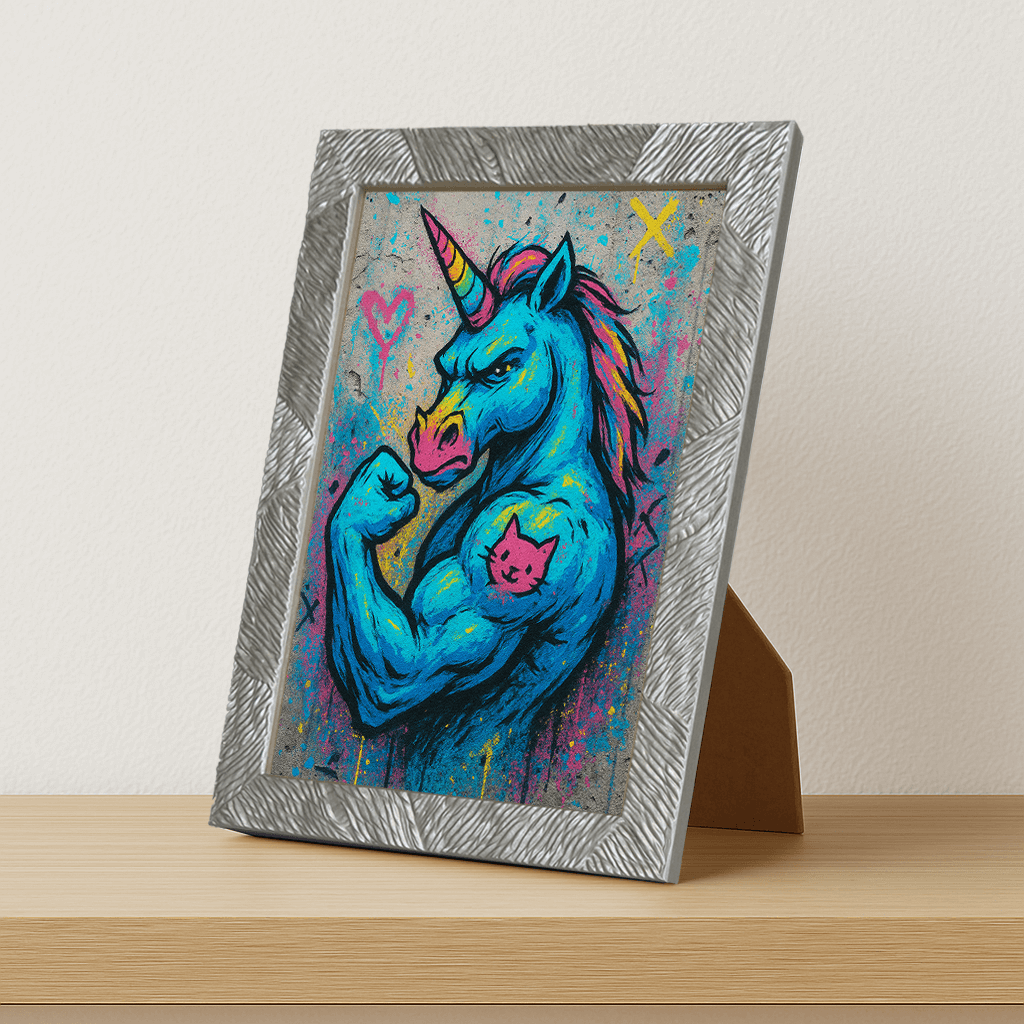 Unicorno Tatuato stampato su forex, cornice portafoto argento, misura 21x29.7