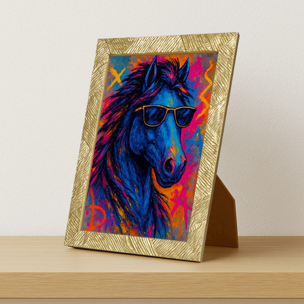 Cavallo Rock stampato su forex, cornice portafoto oro, misura 21x29.7