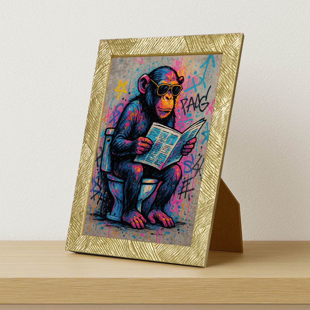 Scimmia WC stampato su forex, cornice portafoto oro, misura 21x29.7