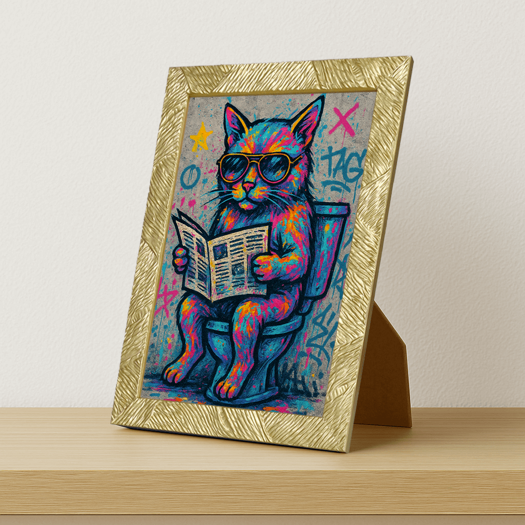 Gatto WC stampato su forex, cornice portafoto oro, misura 21x29.7