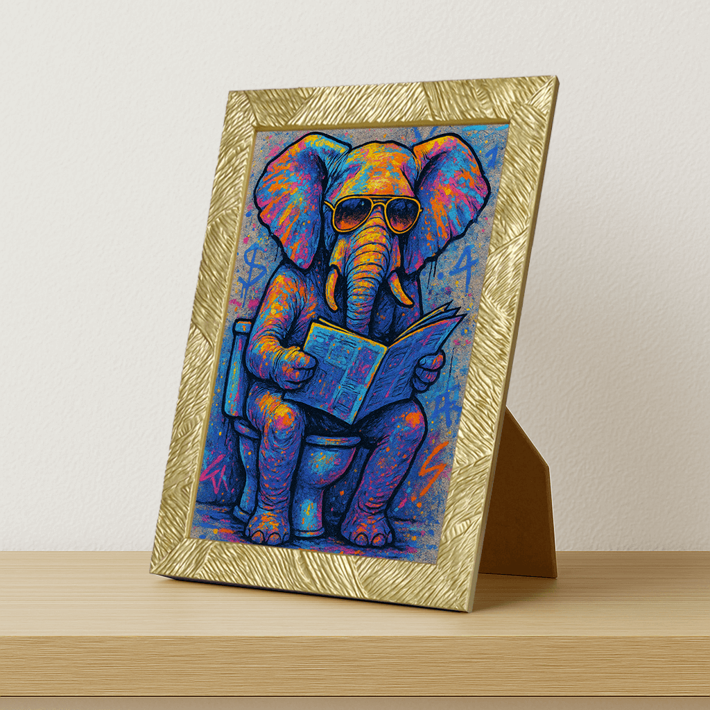 Elefante WC stampato su forex, cornice portafoto oro, misura 21x29.7