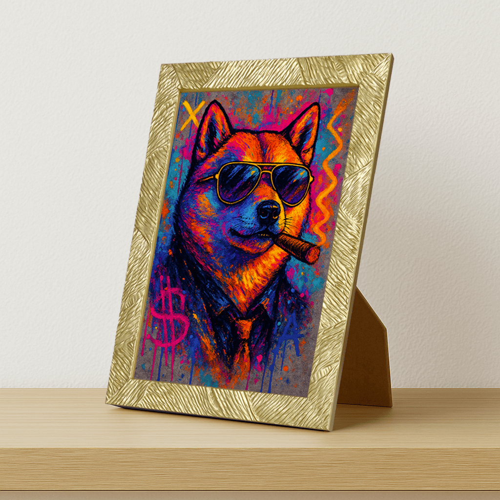 Shiba-Inu Sigaro stampato su forex, cornice portafoto oro, misura 21x29.7