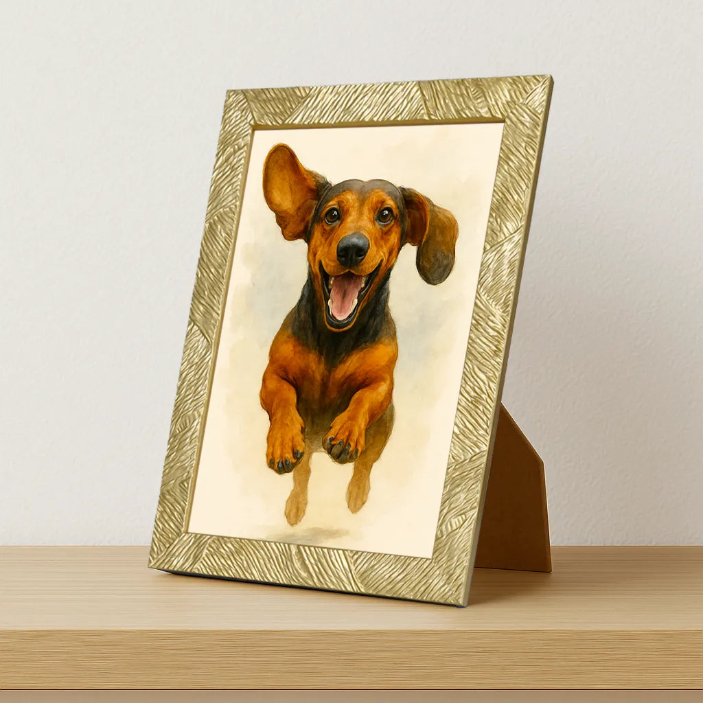 Bassotto Acquarello stampato su forex, cornice portafoto oro, misura 21x29.7