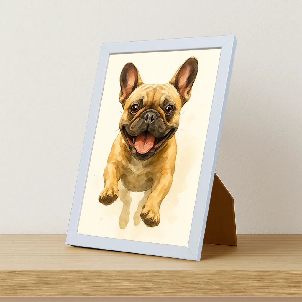 Bulldog Acquarello stampato su forex, cornice portafoto bianco, misura 21x29.7