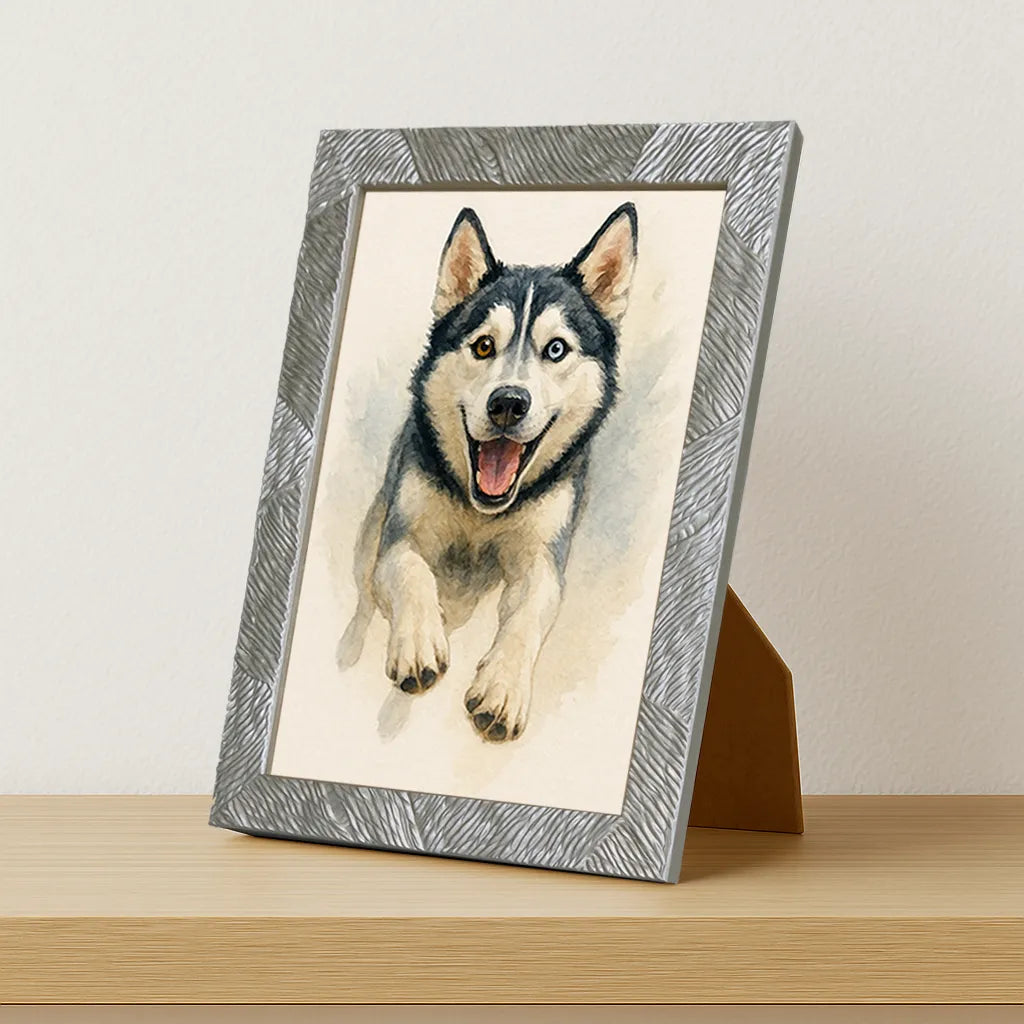 Husky Acquarello stampato su forex, cornice portafoto argento, misura 21x29.7