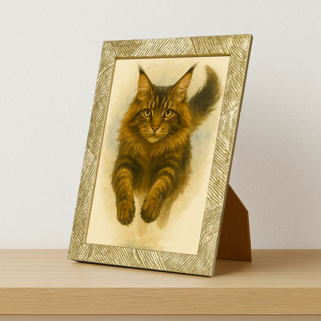 Maine Coon Acquarello stampato su forex, cornice portafoto oro, misura 21x29.7