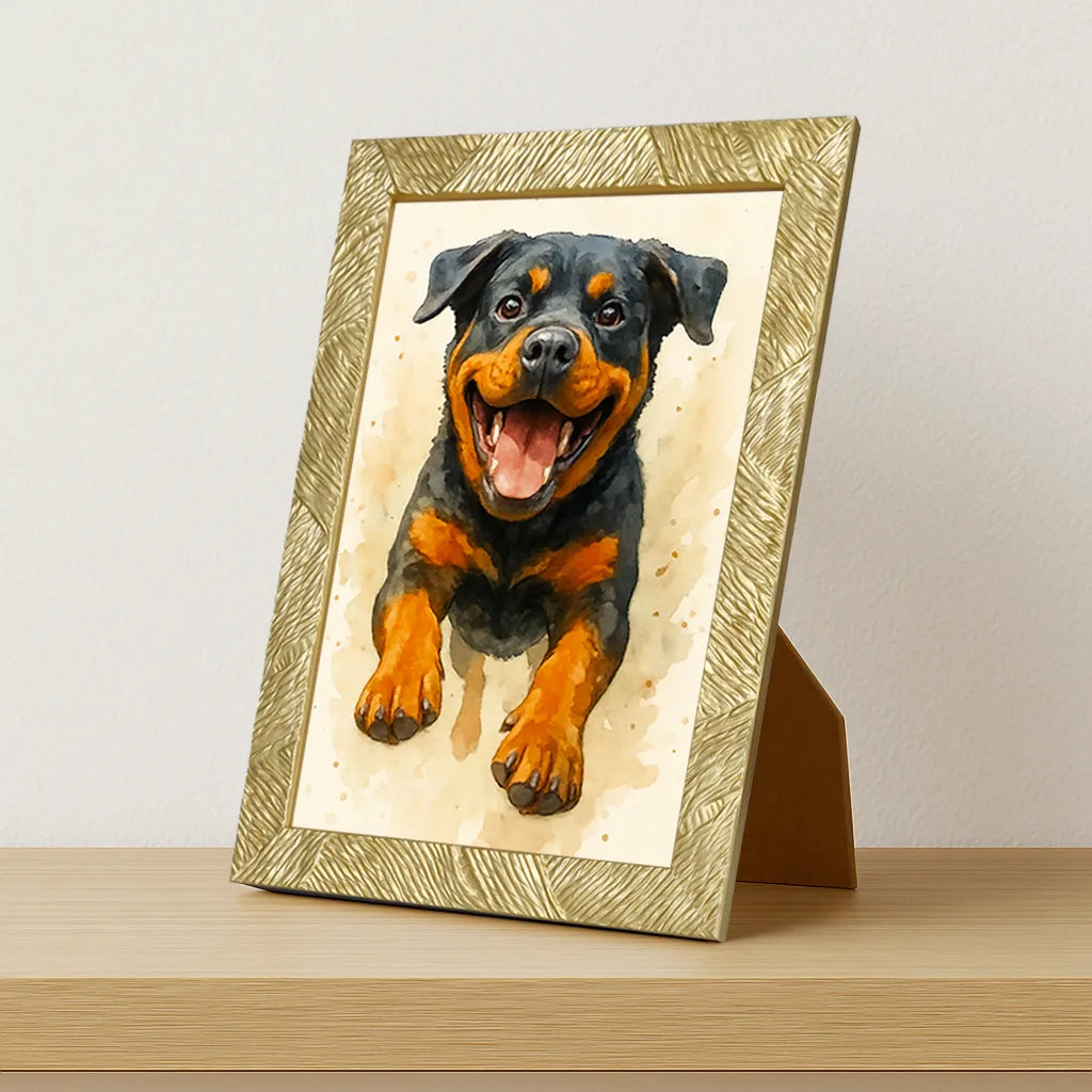 Rotwailer Acquarello stampato su forex, cornice portafoto oro, misura 21x29.7