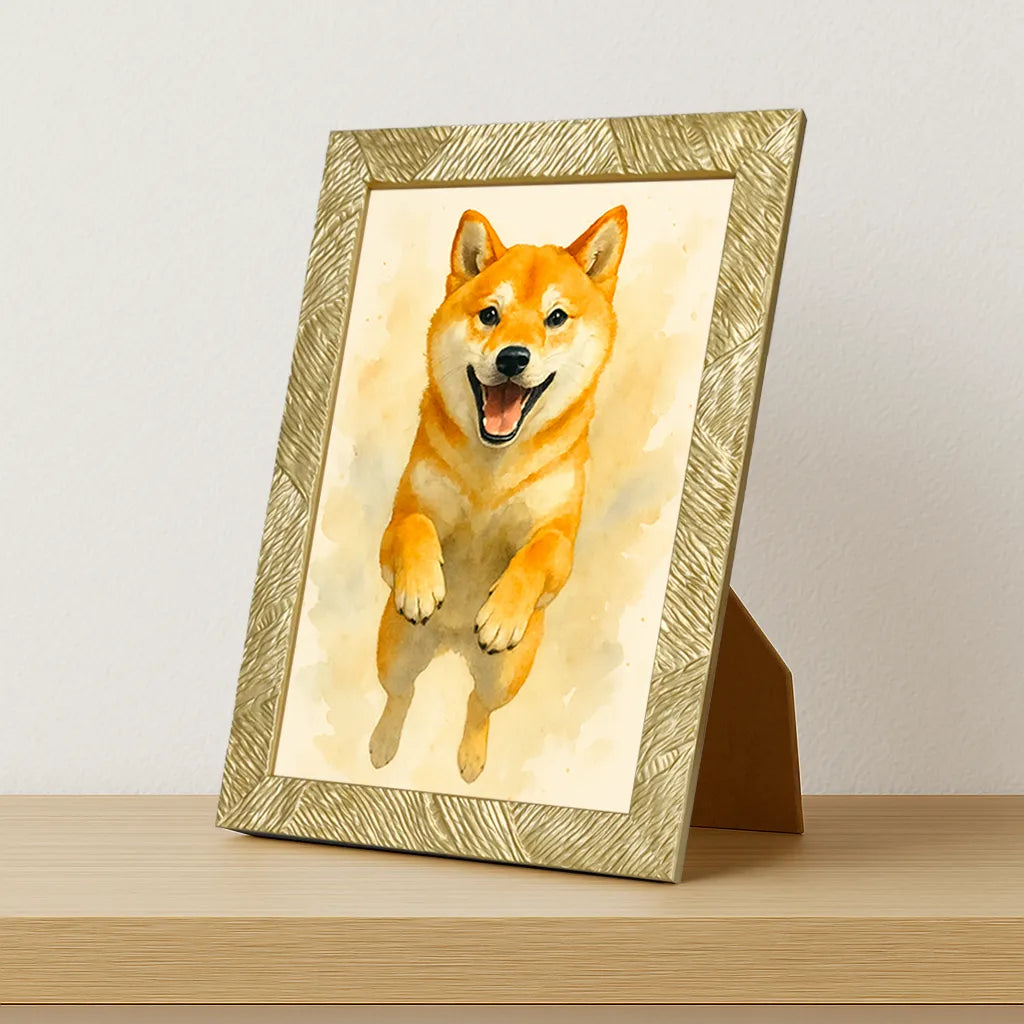Shiba-Inu Acquarello stampato su forex, cornice portafoto oro, misura 21x29.7