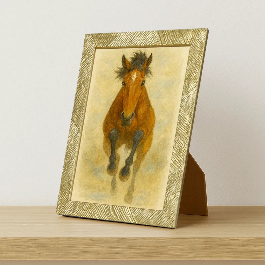 Cavallo Acquarello stampato su forex, cornice portafoto oro, misura 21x29.7