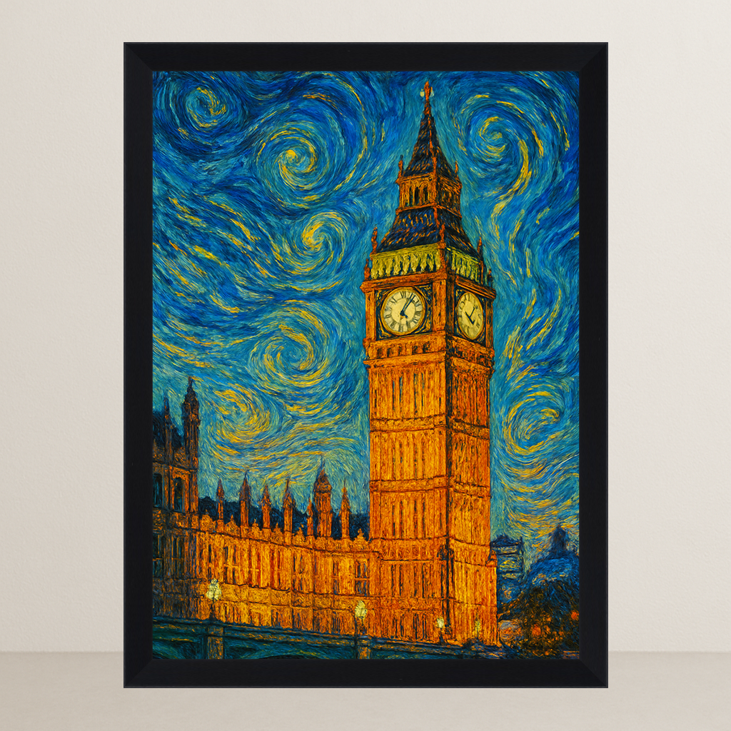 Big Ben stile Gogh stampato su forex, cornice FSC, disponibile in varie misure