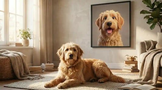 Cane in primo piano con ritratto personalizzato incorniciato sullo sfondo